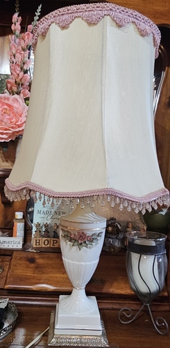 Vintage ruffle shade, hobnail lamp and antique porcelain lamp with roses 